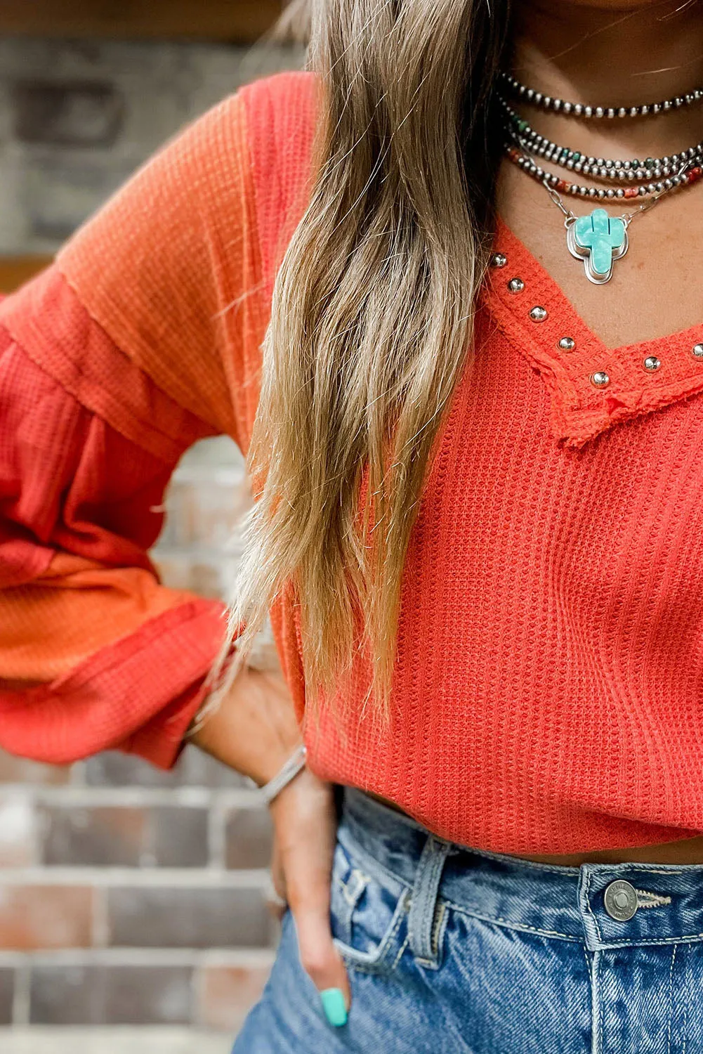 Red Studded V Neckline Seamed Textured Knit Top