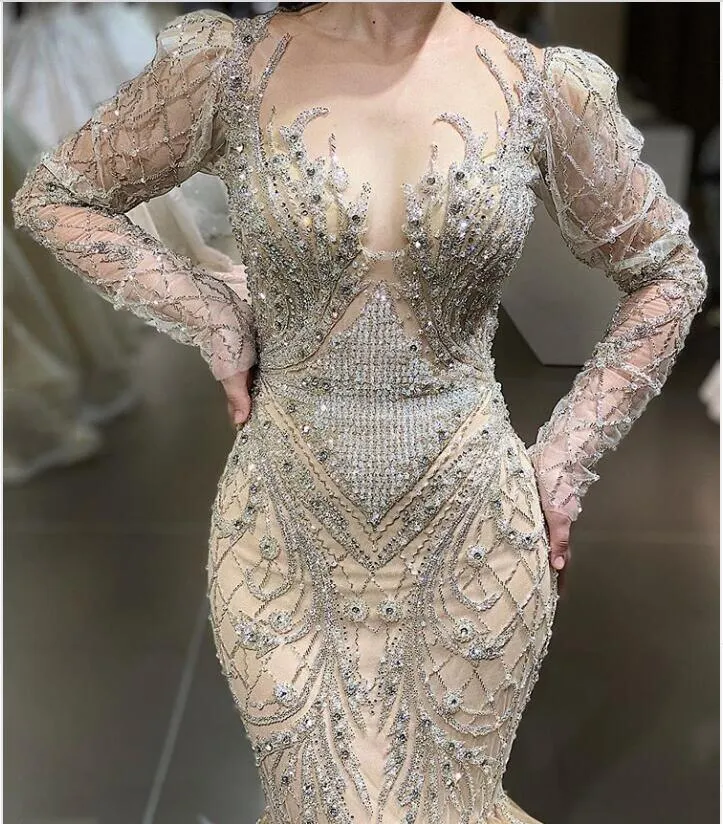 Royal Beaded Crystal Mermaid Prom Dresses See Thru Full Sleeves Feather Sexy Long Prom Gowns Elegant Formal Dresses