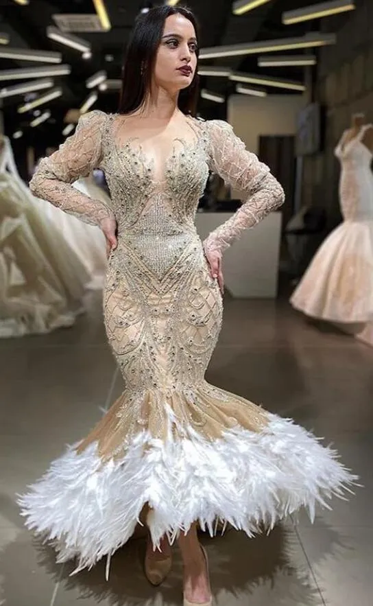 Royal Beaded Crystal Mermaid Prom Dresses See Thru Full Sleeves Feather Sexy Long Prom Gowns Elegant Formal Dresses