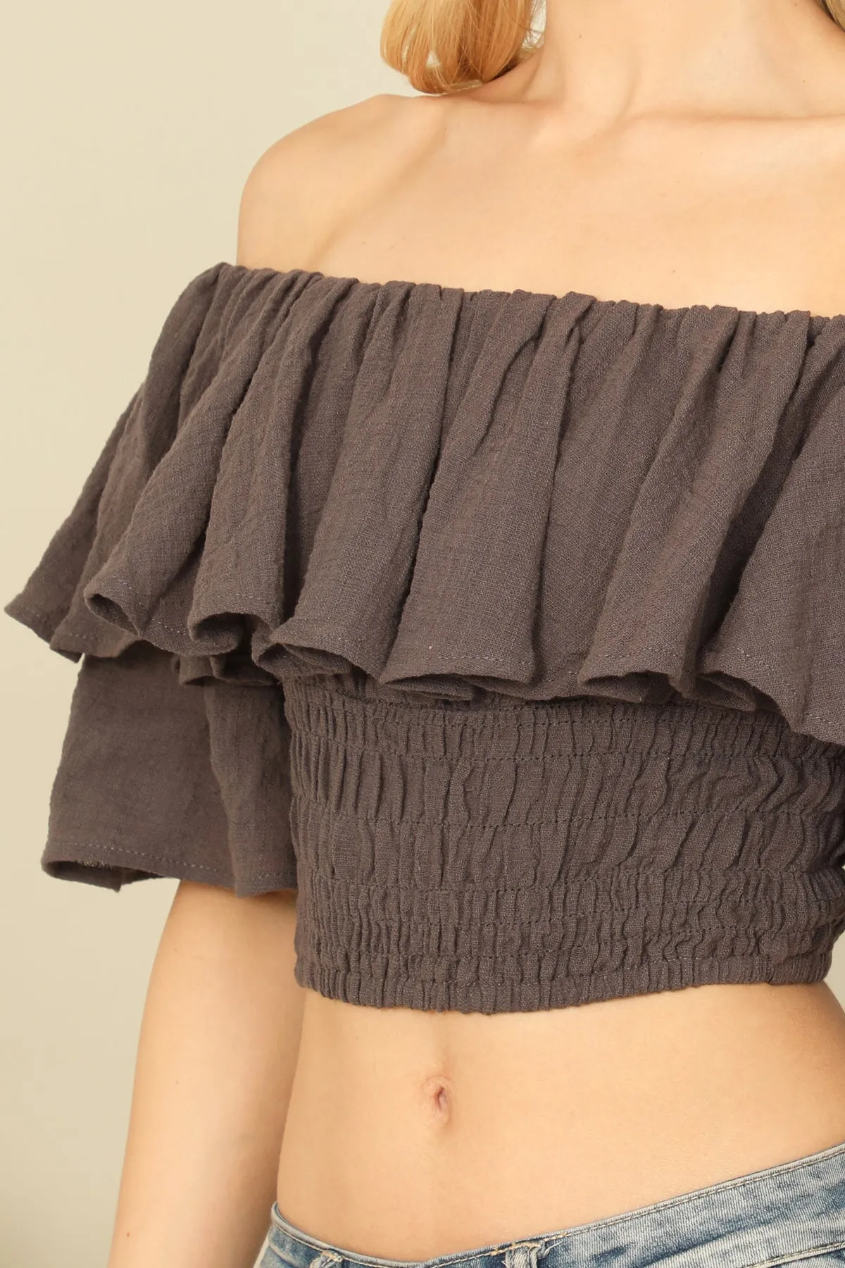 RUFFLE OFF SHOULDER SMOCKED WAIST CROP TOP