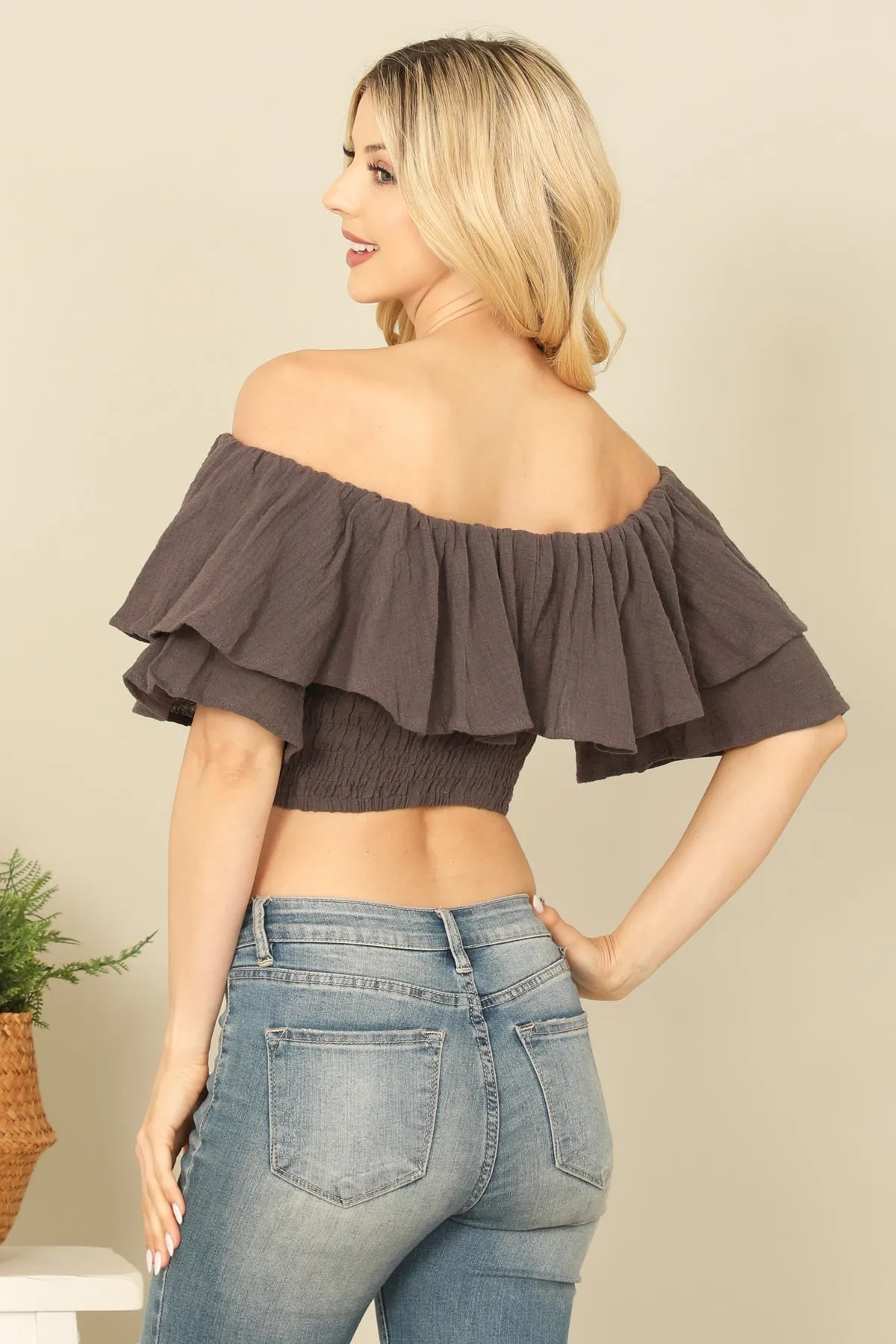 RUFFLE OFF SHOULDER SMOCKED WAIST CROP TOP