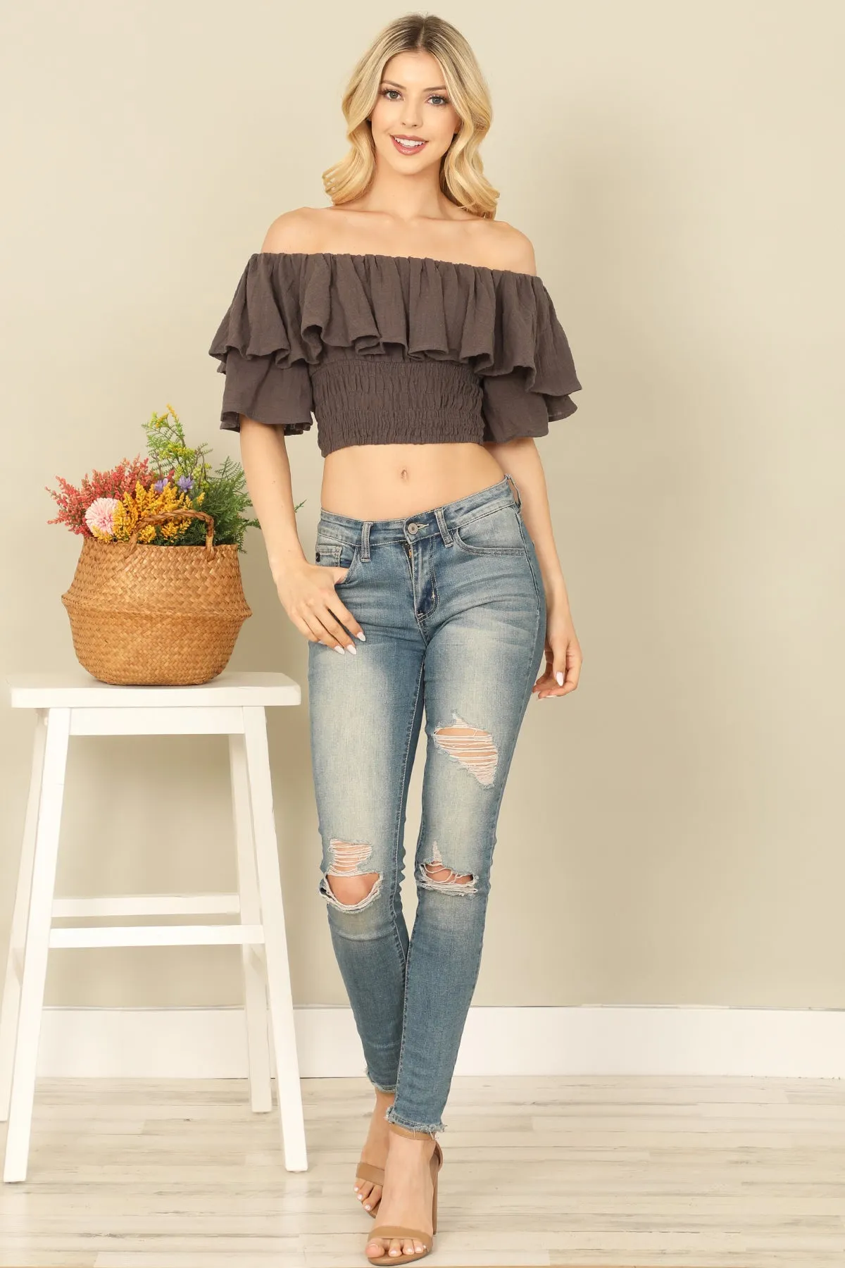 RUFFLE OFF SHOULDER SMOCKED WAIST CROP TOP