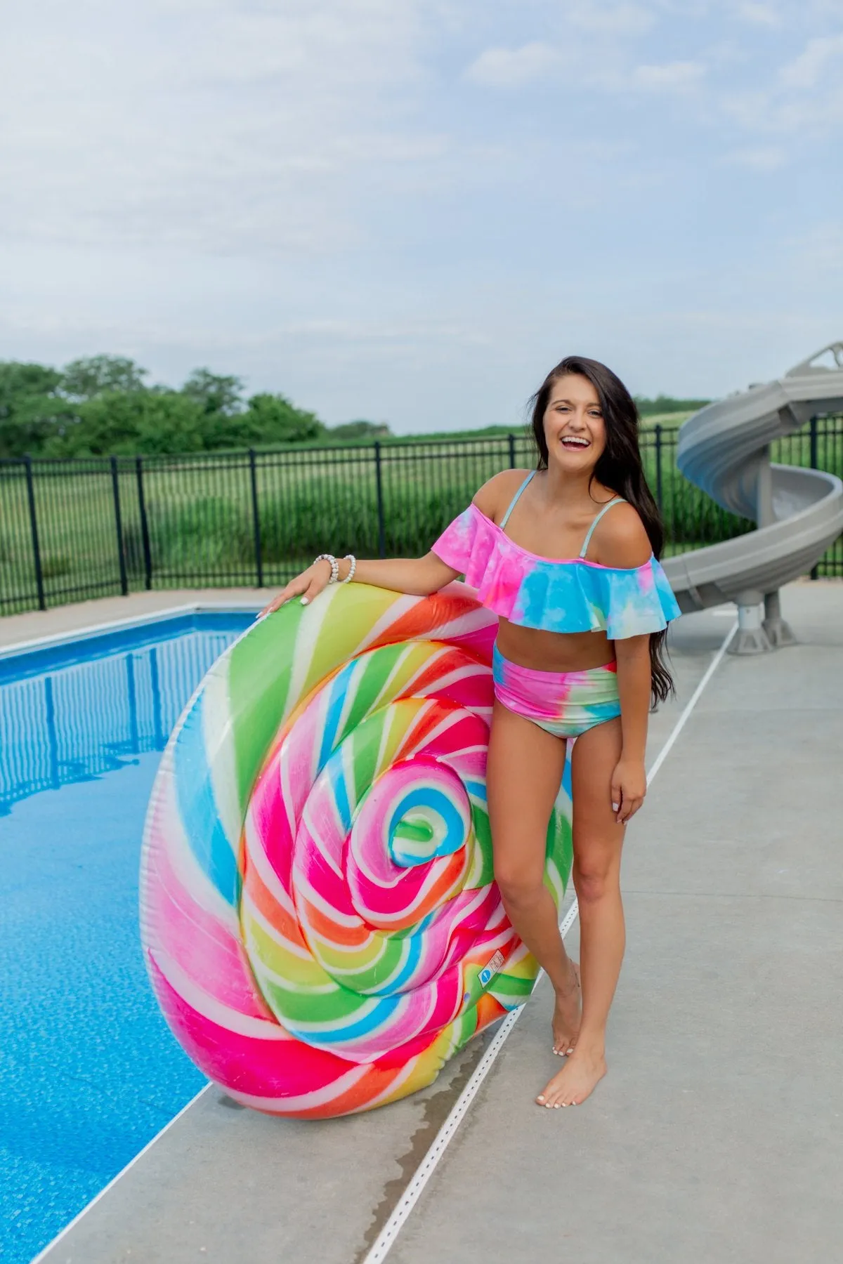 Ruffle Off The Shoulder Tie Dye Swimsuit Top- Multi-Color