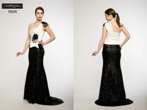 Saboroma 99690 Jazzy Black and White One-Shoulder Sequenced Gown