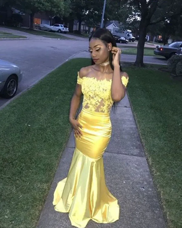 Sexy 2018 Yellow Mermaid Prom Dresses with Cap Sleeve Sheer Bodice Lace Appliques Long Prom Party Gowns