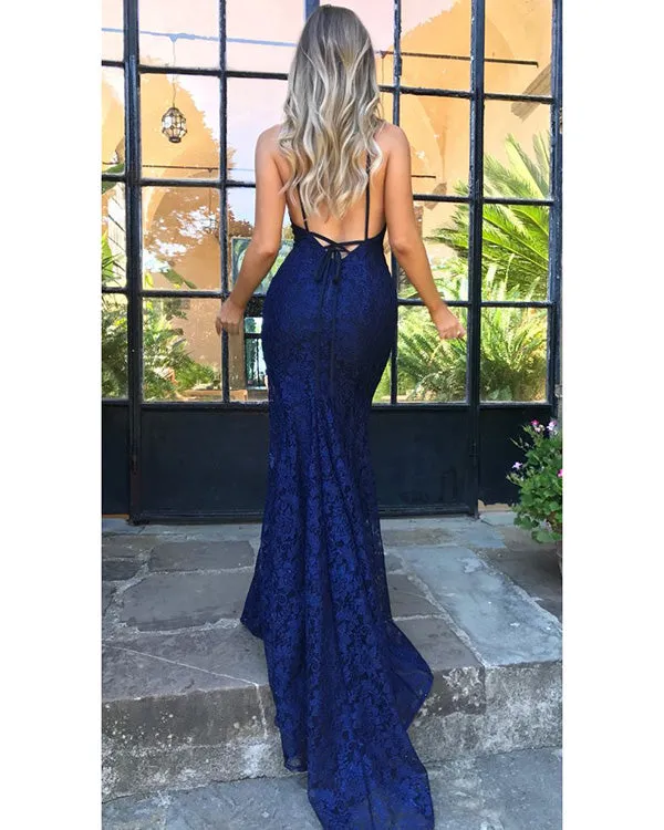 Sexy 2019 Burgundy Mermaid Prom Dresses with V-Neck Lace Prom Party Gowns Backless