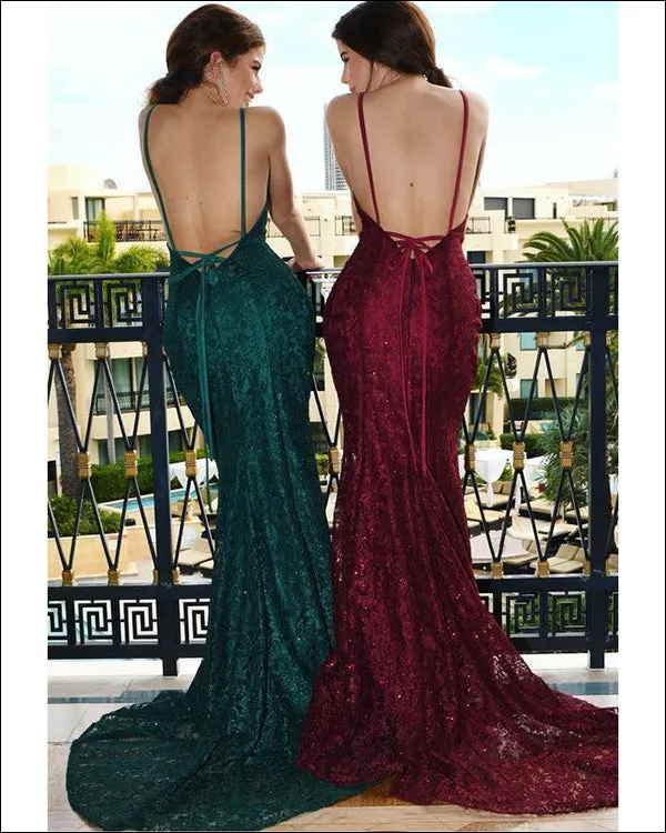 Sexy 2019 Burgundy Mermaid Prom Dresses with V-Neck Lace Prom Party Gowns Backless