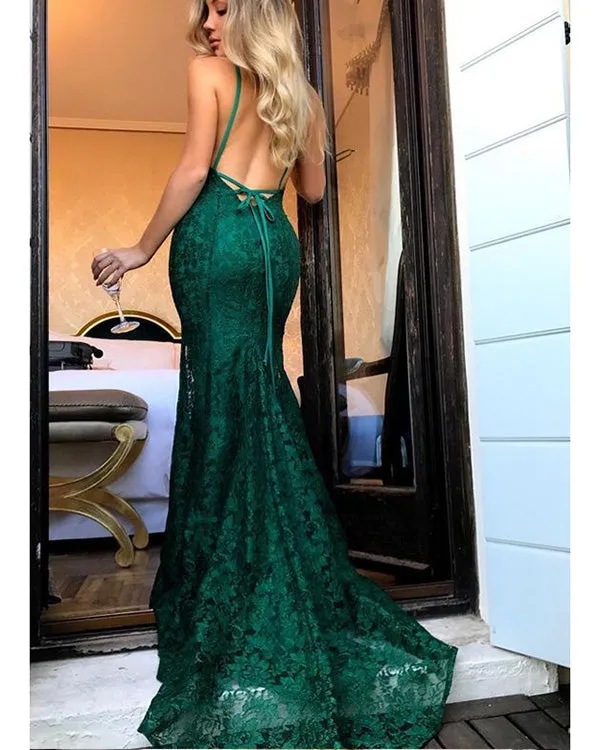Sexy 2019 Burgundy Mermaid Prom Dresses with V-Neck Lace Prom Party Gowns Backless