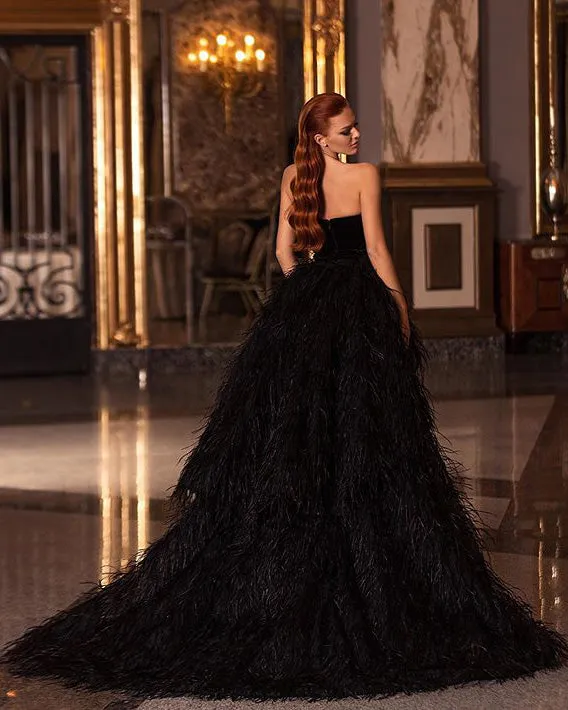 Sexy Black Hi-Lo Evening Dresses with Feathers Delicate Long Formal Party Gowns 2021