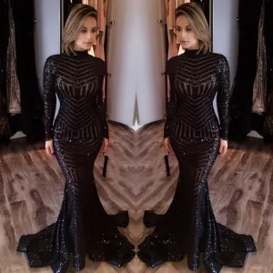Sexy Black Mermaid High Neck Evening Gowns Long-Sleeves Sequined Prom Dress