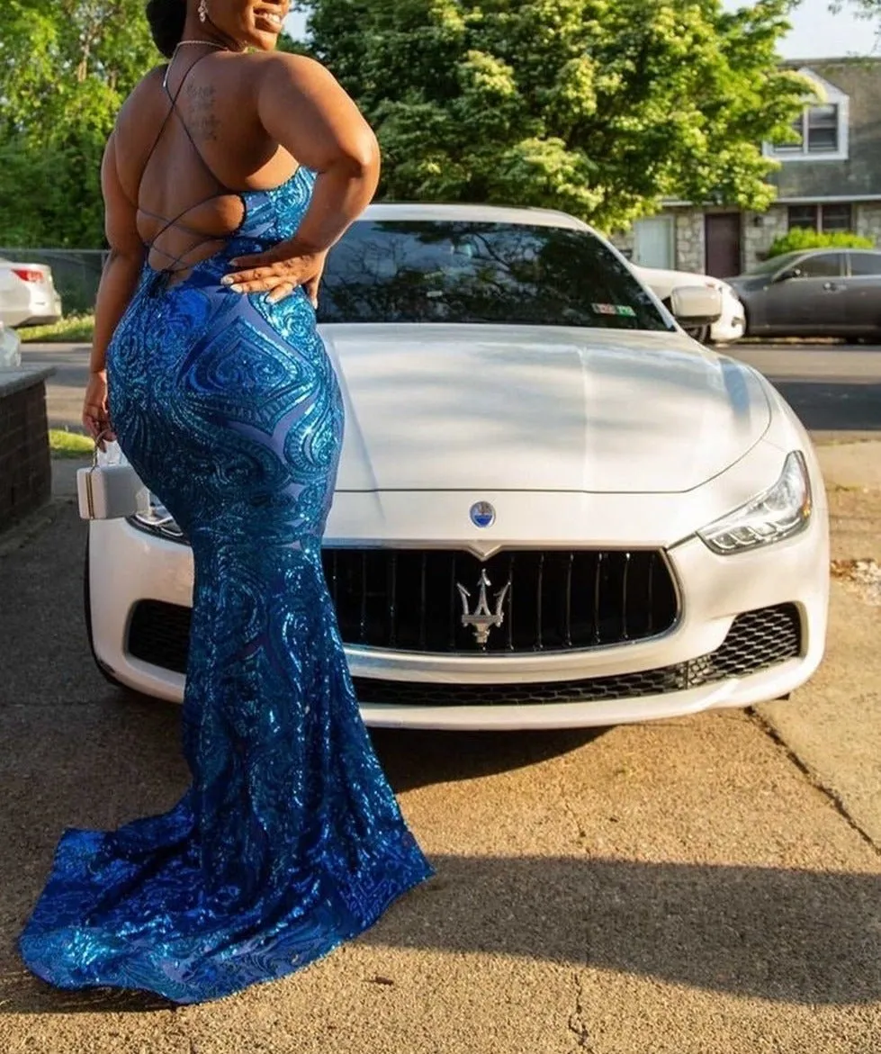 Sexy Mermaid See Through Sparkly Sequin Royal Girls Backless Prom Gowns