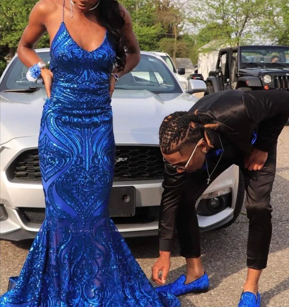 Sexy Mermaid See Through Sparkly Sequin Royal Girls Backless Prom Gowns