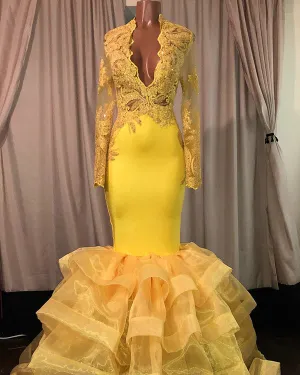 Sexy Mermaid Yellow Lace Prom Dresses with Deep V-Neck Full Sleeve Party Gowns Organza Ruffles
