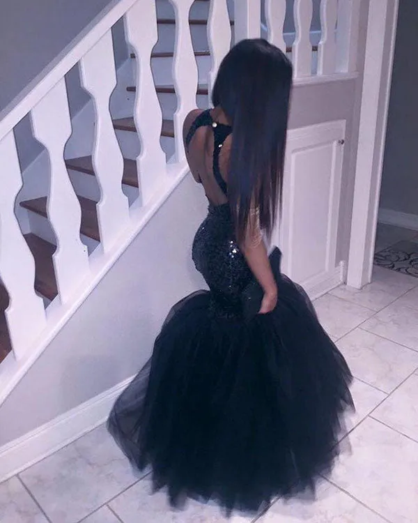 Sexy Navy Blue Mermaid Prom Dresses with Halter 2018 Sparkly Sequined Evening Party Gowns Tulle Ruffles
