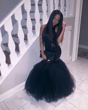 Sexy Navy Blue Mermaid Prom Dresses with Halter 2018 Sparkly Sequined Evening Party Gowns Tulle Ruffles