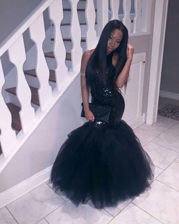 Sexy Navy Blue Mermaid Prom Dresses with Halter 2018 Sparkly Sequined Evening Party Gowns Tulle Ruffles