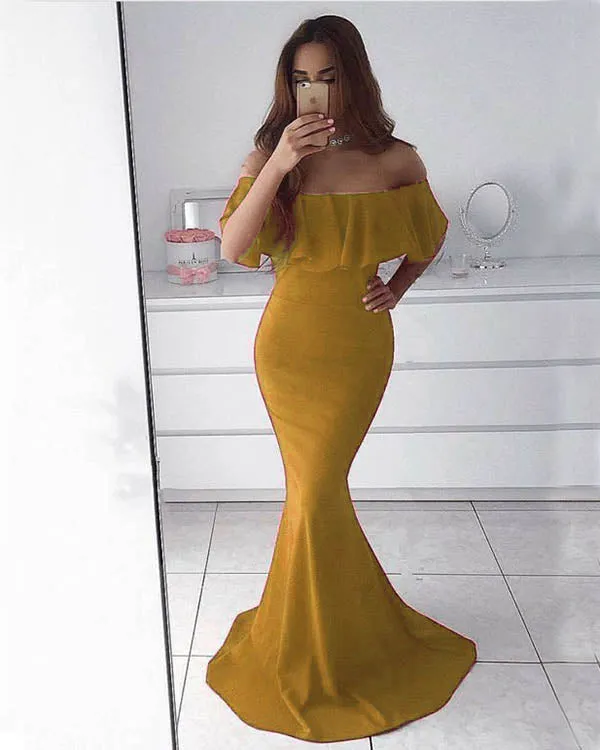 Sexy Off The Shoulder Flounced Prom Dresses Mermaid Sexy Red Prom Party Gowns 2018