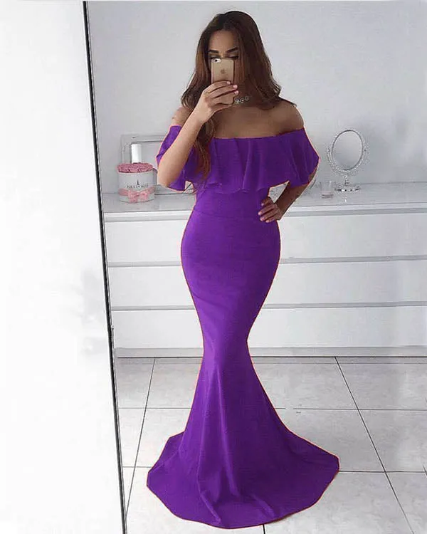 Sexy Off The Shoulder Flounced Prom Dresses Mermaid Sexy Red Prom Party Gowns 2018