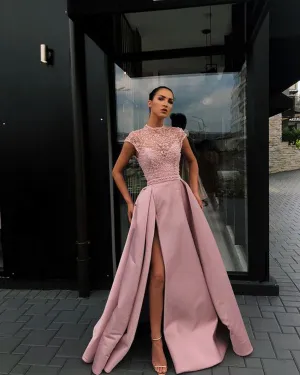 Sexy See Through Evening Dresses with Beadings Satin Evening Gowns Formal Dress Split Side