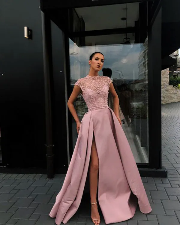Sexy See Through Evening Dresses with Beadings Satin Evening Gowns Formal Dress Split Side
