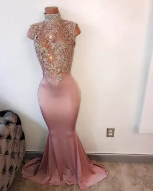 Sexy See Through Mermaid Prom Dresses with High Neck Beaded Evening Gowns Party Dresses 2018
