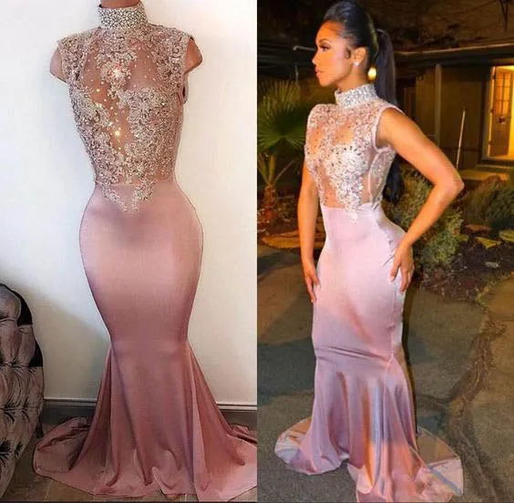 Sexy See Through Mermaid Prom Dresses with High Neck Beaded Evening Gowns Party Dresses 2018