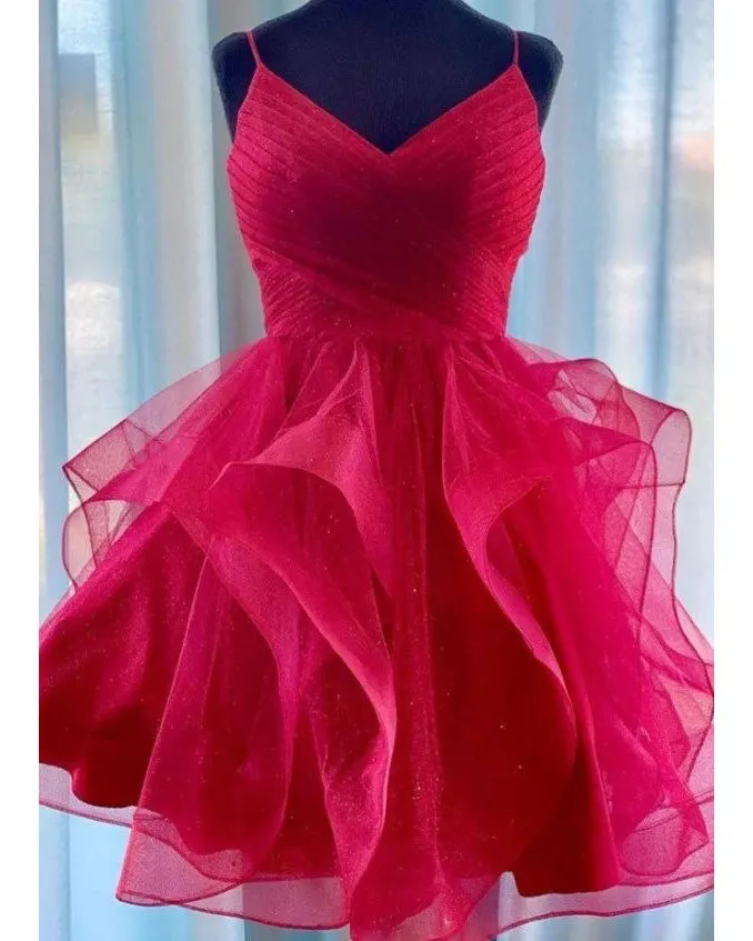 Sexy Short Red Tulle Homecoming Dresses Spaghetti Straps Tulle Ruffles Prom Party Gowns