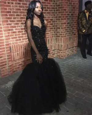 Sexy Strapless Black Mermaid Evening Dresses Beaded Sequins 2018 Tulle Prom Gowns Party Dresses