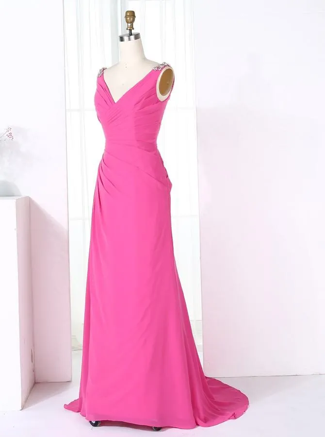 Sheath V-Neck Half Sleeves Fuchsia Chiffon Beaded Long Bridesmaid Dress with Beading (BMA201A)