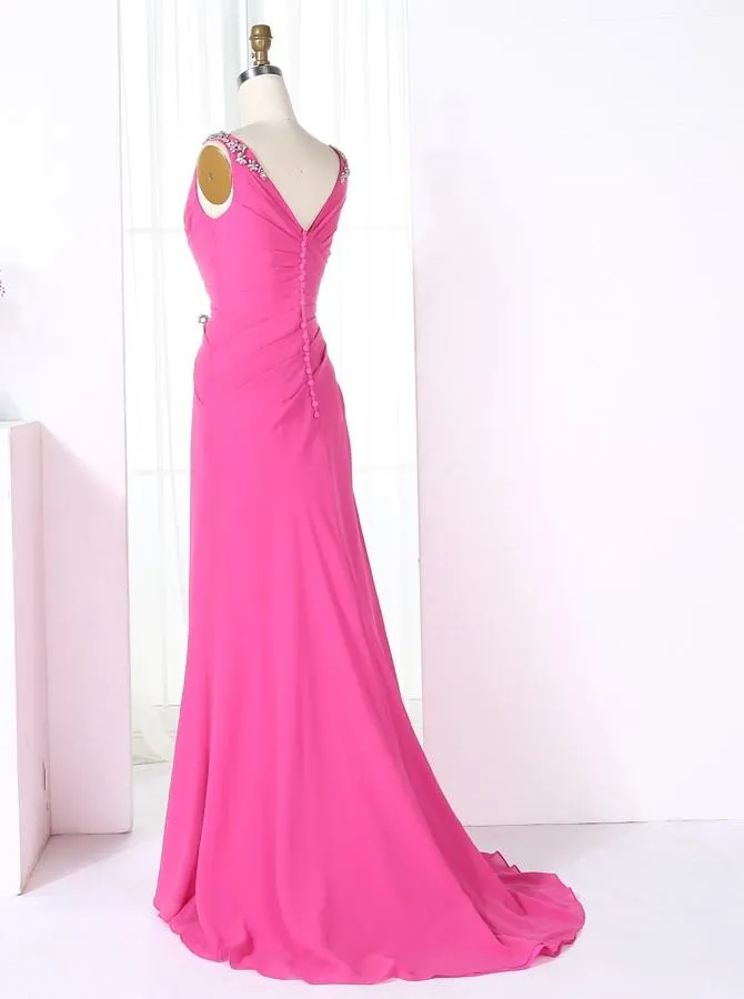 Sheath V-Neck Half Sleeves Fuchsia Chiffon Beaded Long Bridesmaid Dress with Beading (BMA201A)