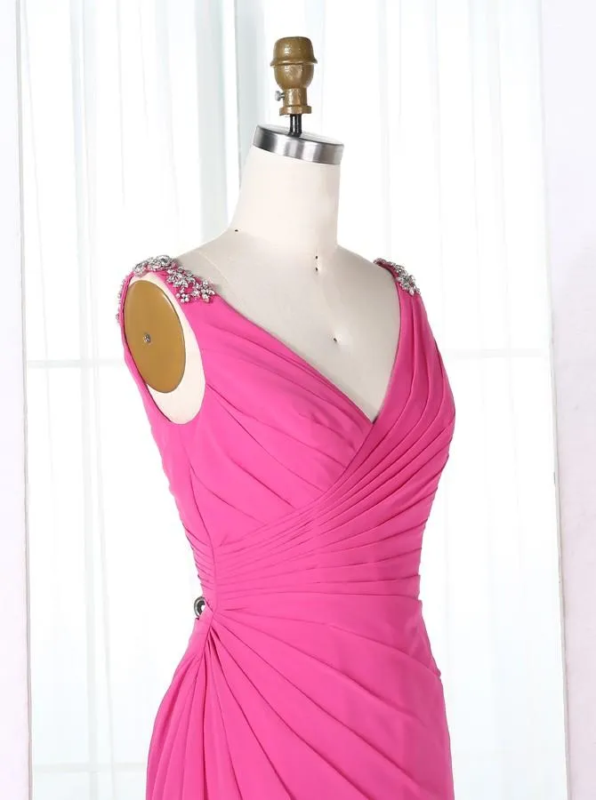 Sheath V-Neck Half Sleeves Fuchsia Chiffon Beaded Long Bridesmaid Dress with Beading (BMA201A)