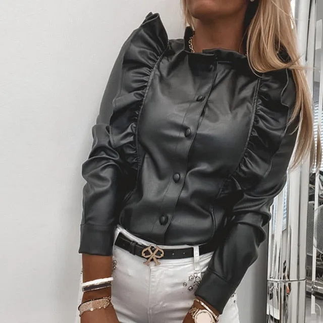 Shirt BlouseO-Neck Button Ruffle Shirts  Long Sleeve Tops
