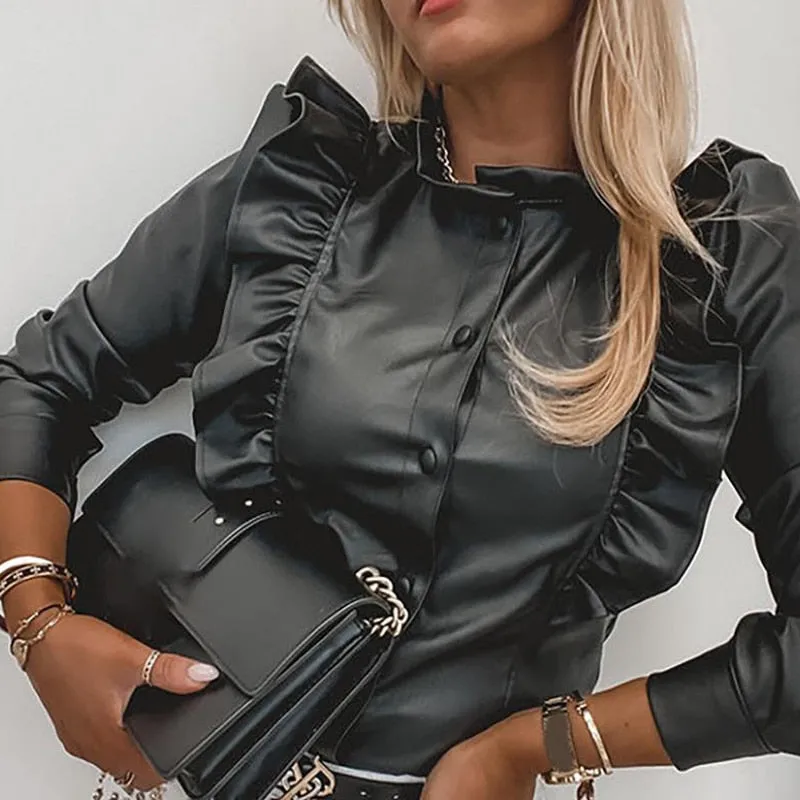 Shirt BlouseO-Neck Button Ruffle Shirts  Long Sleeve Tops