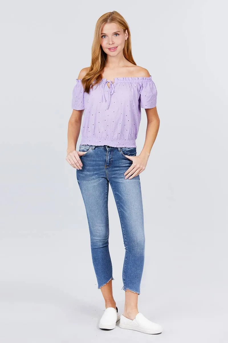 Short Sleeve Off The Shoulder Front Tie Detail Smocked Hem Eyelet Lace Woven Top
