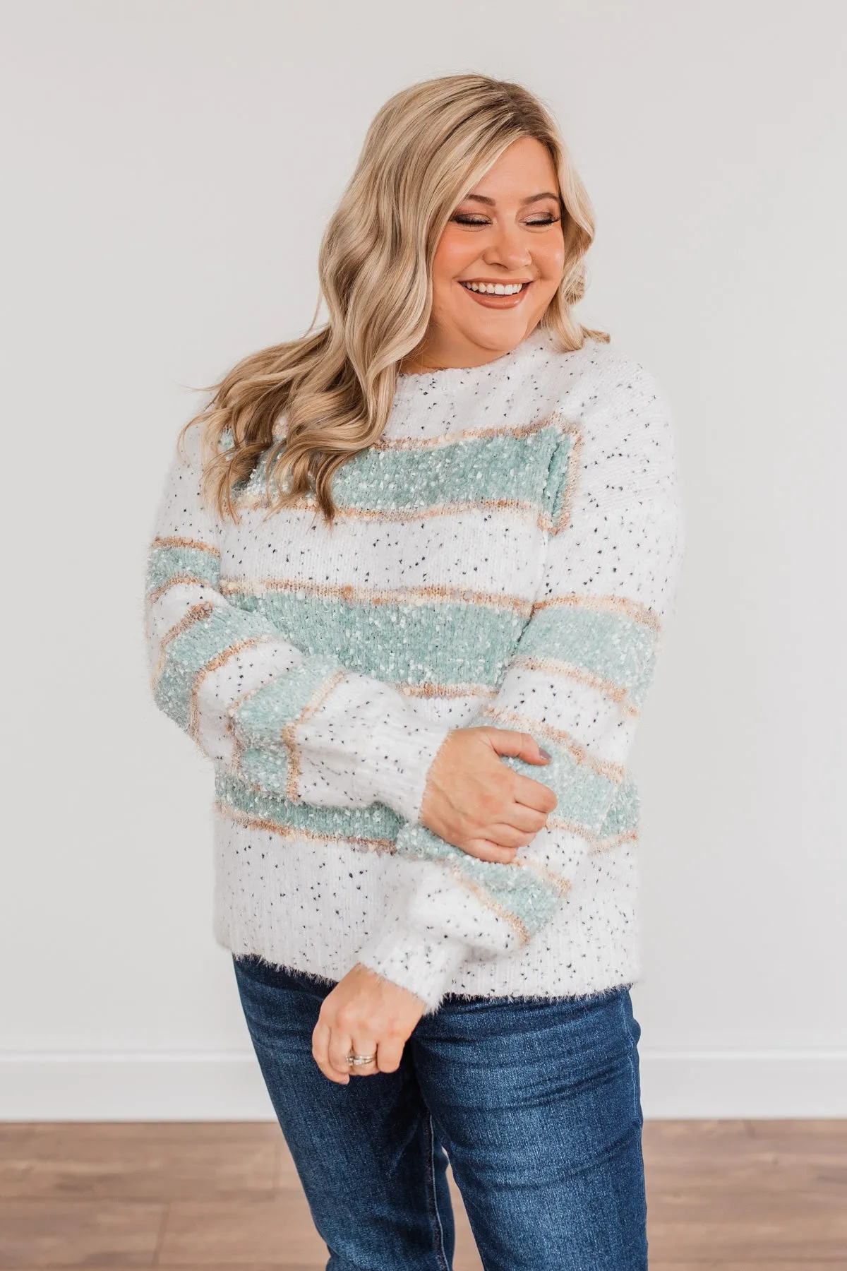 Show Off Your Sparkle Chenille Sweater- Ivory & Mint