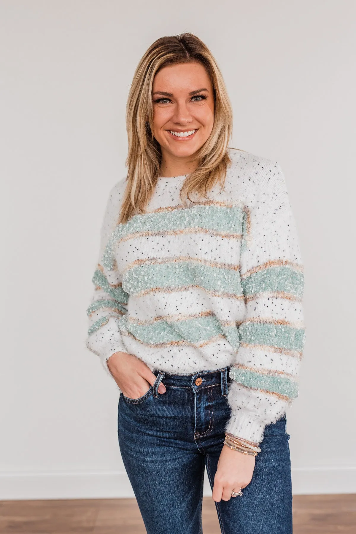Show Off Your Sparkle Chenille Sweater- Ivory & Mint