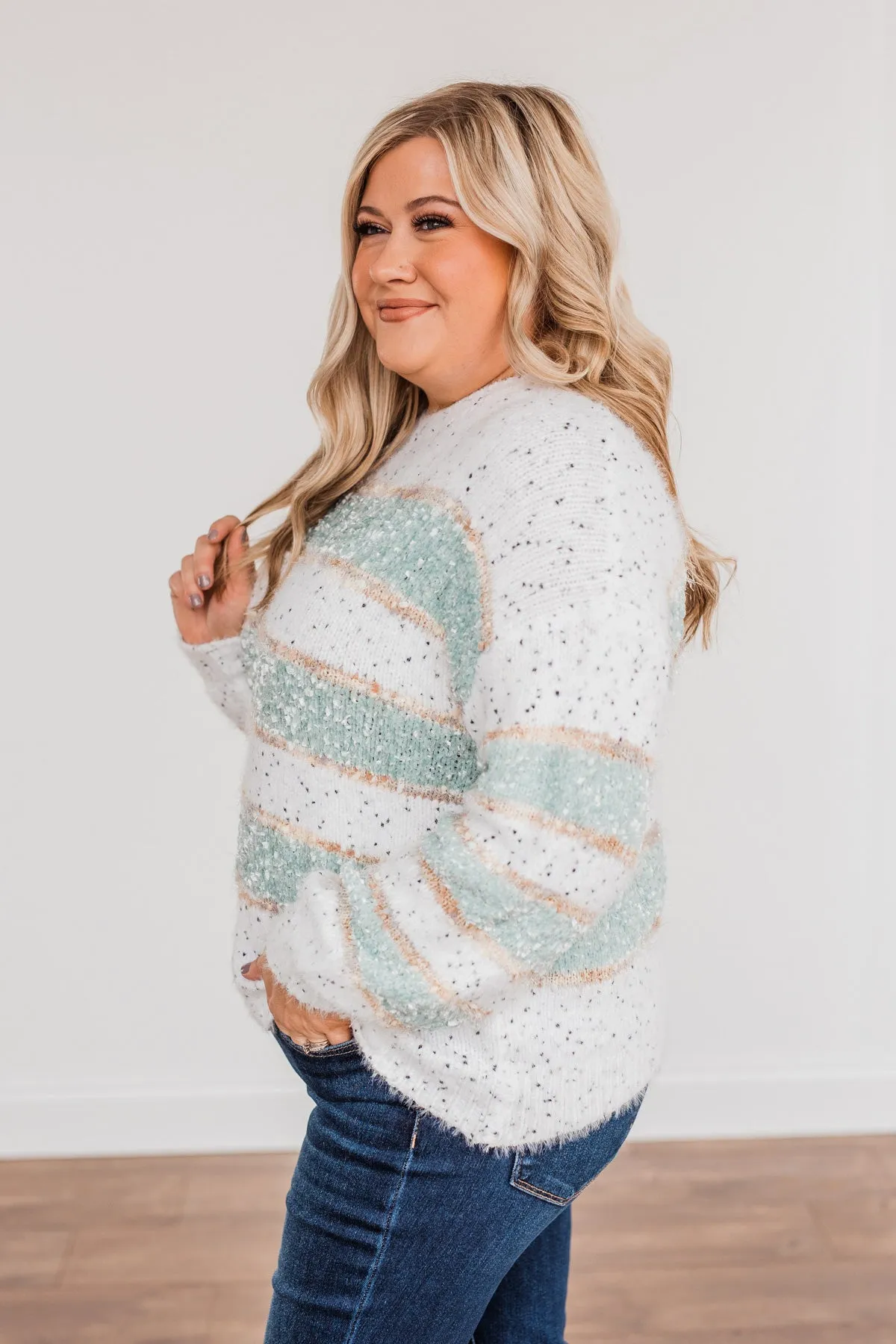 Show Off Your Sparkle Chenille Sweater- Ivory & Mint