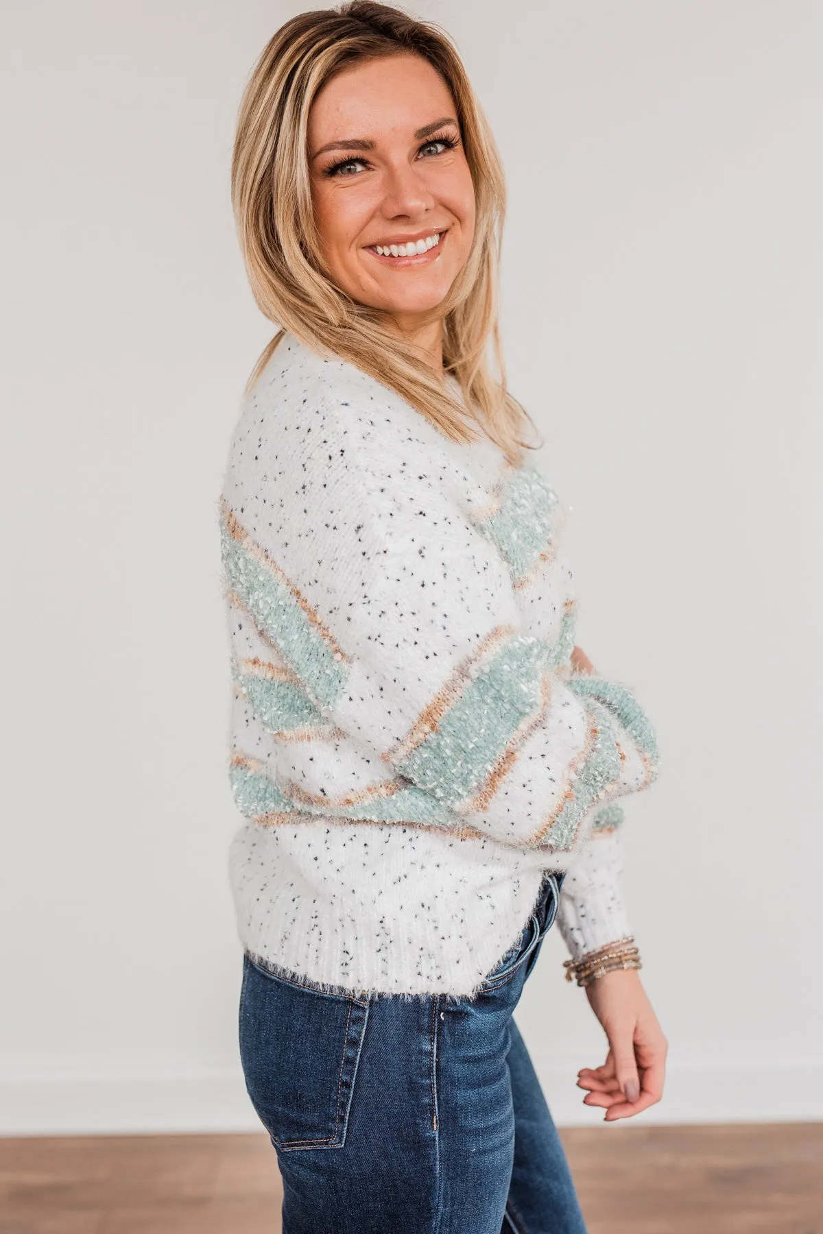 Show Off Your Sparkle Chenille Sweater- Ivory & Mint