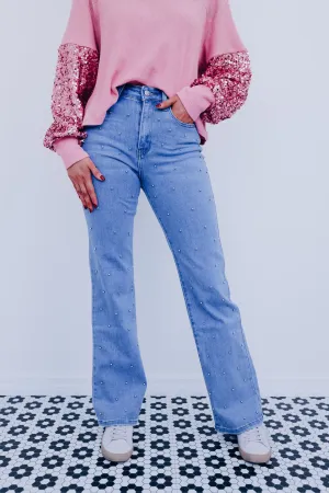 Silvery Studded High Rise Jeans