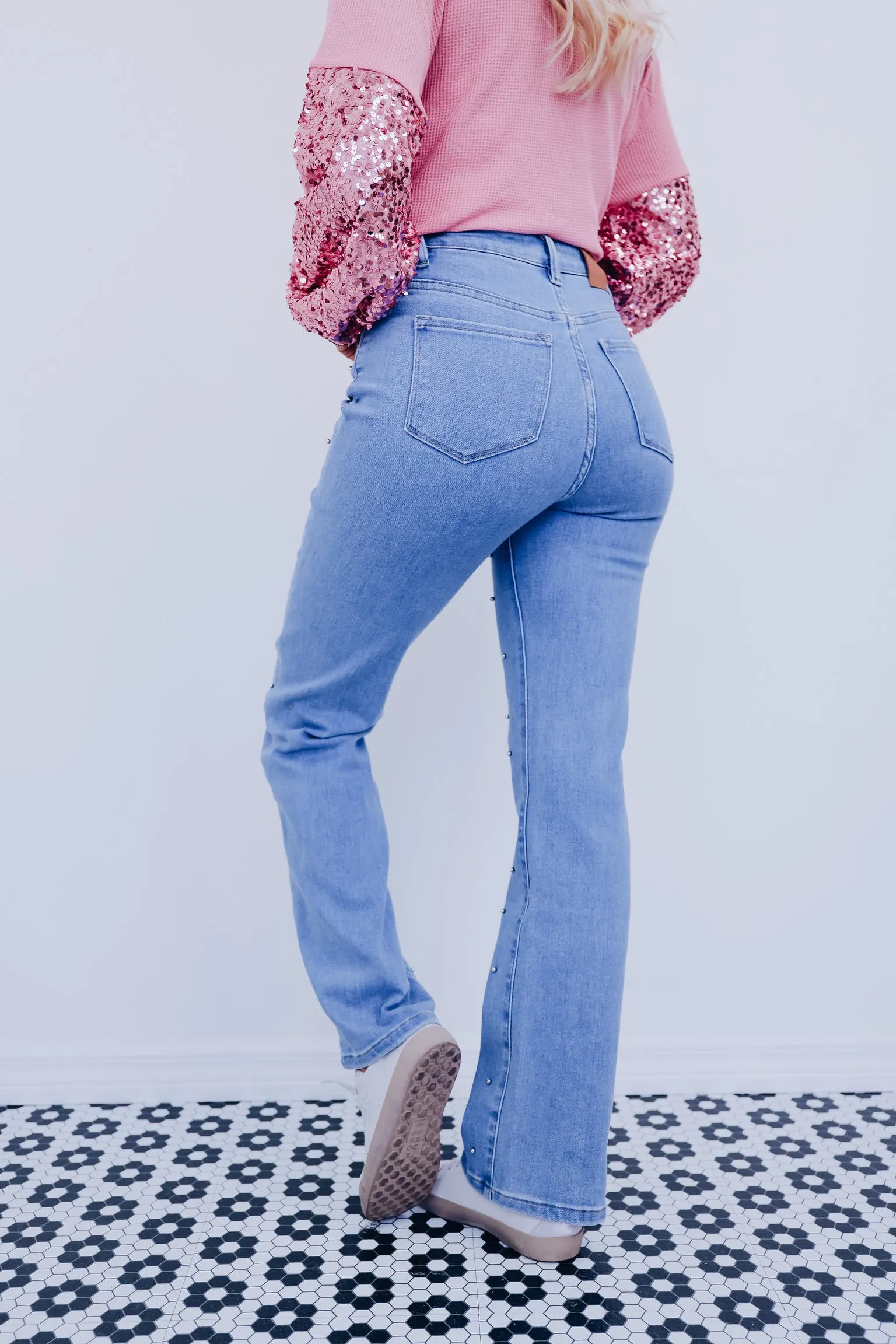 Silvery Studded High Rise Jeans