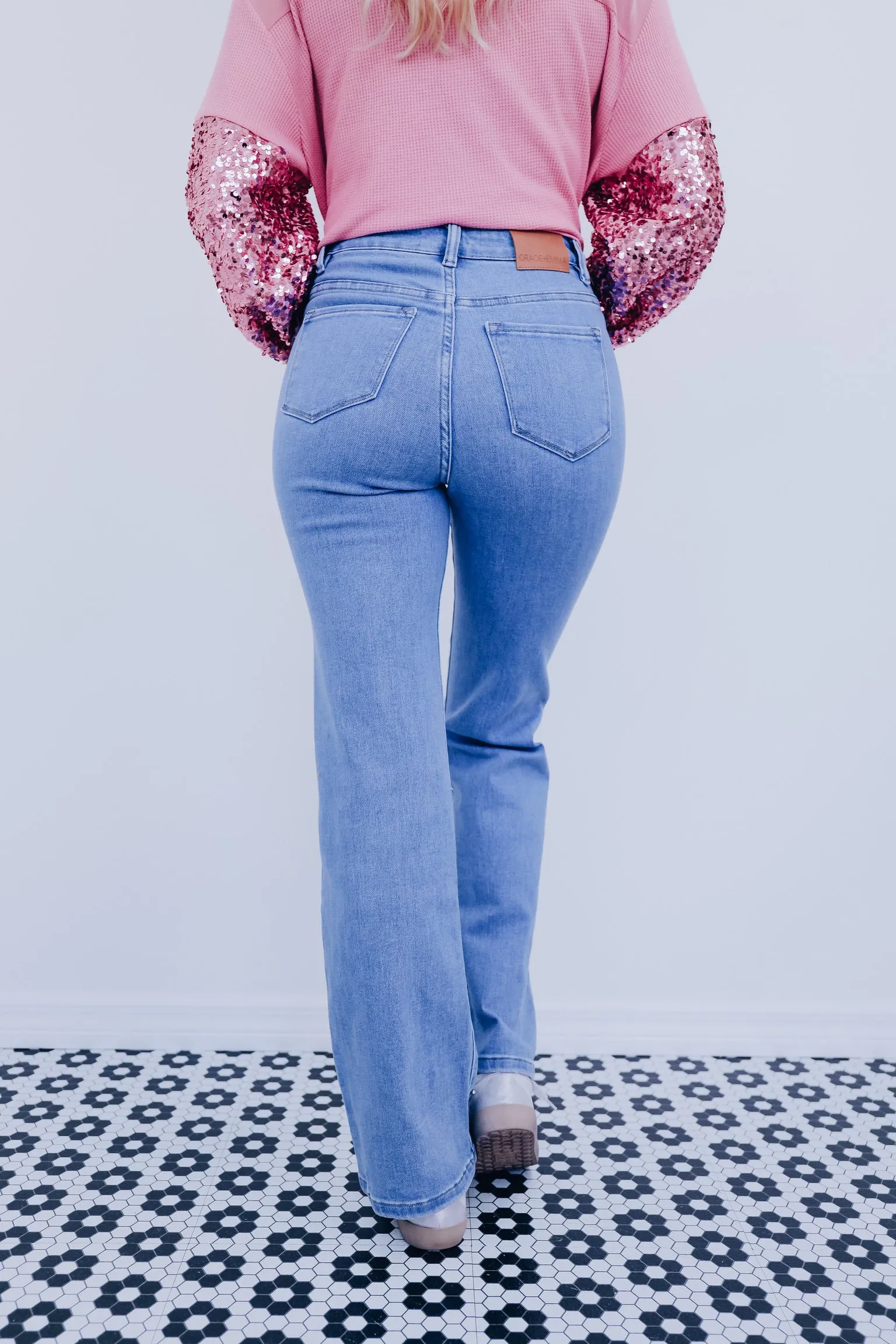 Silvery Studded High Rise Jeans