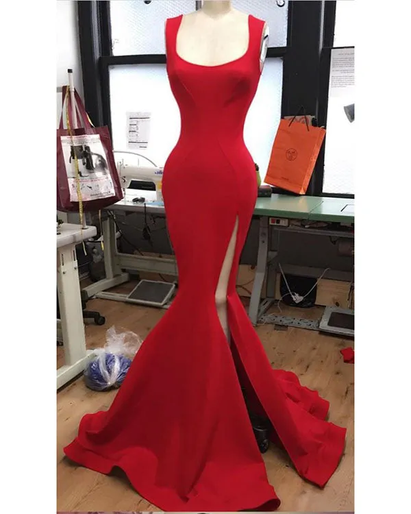 Simple Red Mermaid Prom Dresses with Square Neckline 2018 Long Prom Party Gowns with Split Side