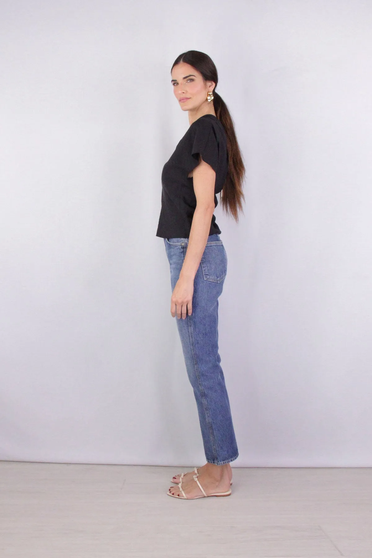 Single Shoulder Cascade Drape Top in Black