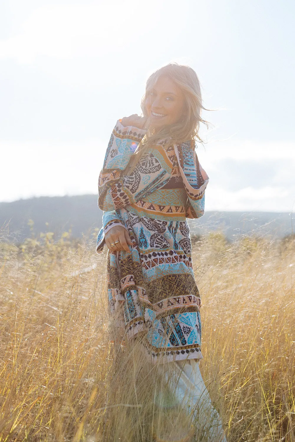 Sky Blue Ethnic Knitted Pom Pom Tie Hooded Cardigan