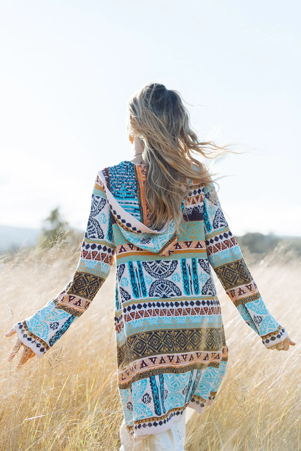 Sky Blue Ethnic Knitted Pom Pom Tie Hooded Cardigan