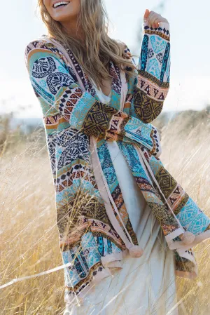 Sky Blue Ethnic Knitted Pom Pom Tie Hooded Cardigan