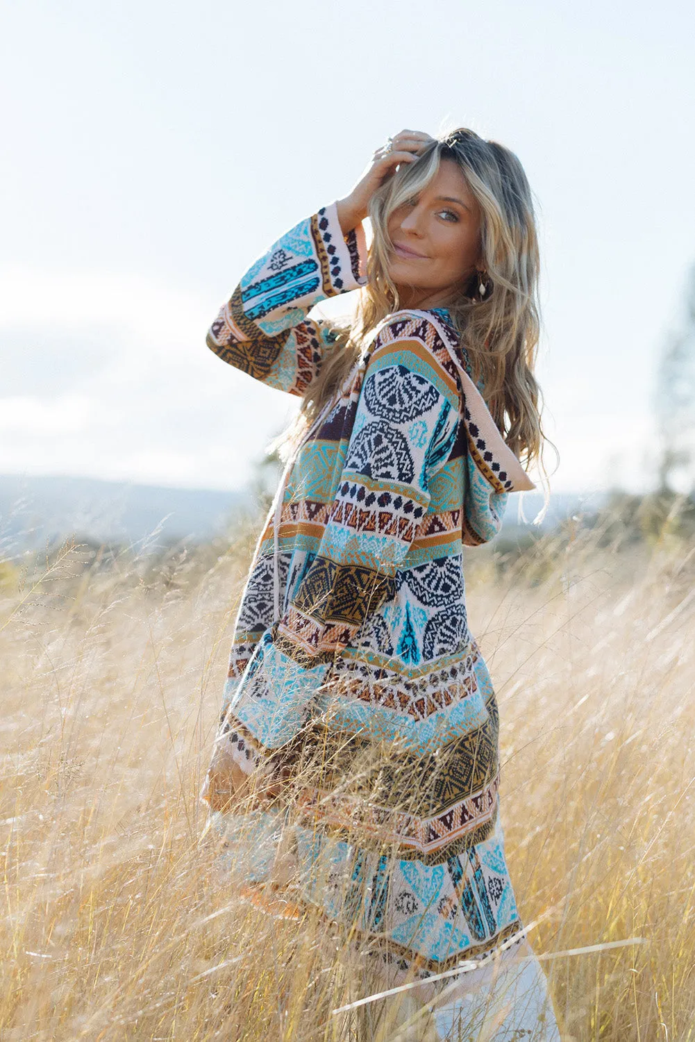 Sky Blue Ethnic Knitted Pom Pom Tie Hooded Cardigan