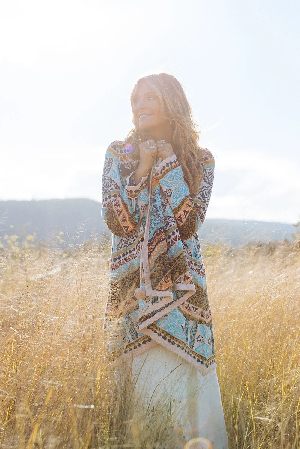 Sky Blue Ethnic Knitted Pom Pom Tie Hooded Cardigan