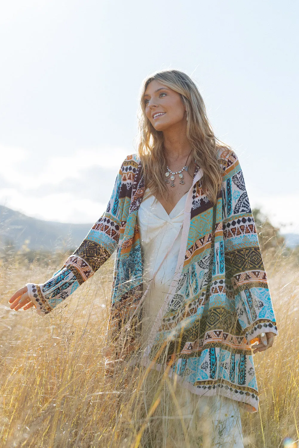 Sky Blue Ethnic Knitted Pom Pom Tie Hooded Cardigan