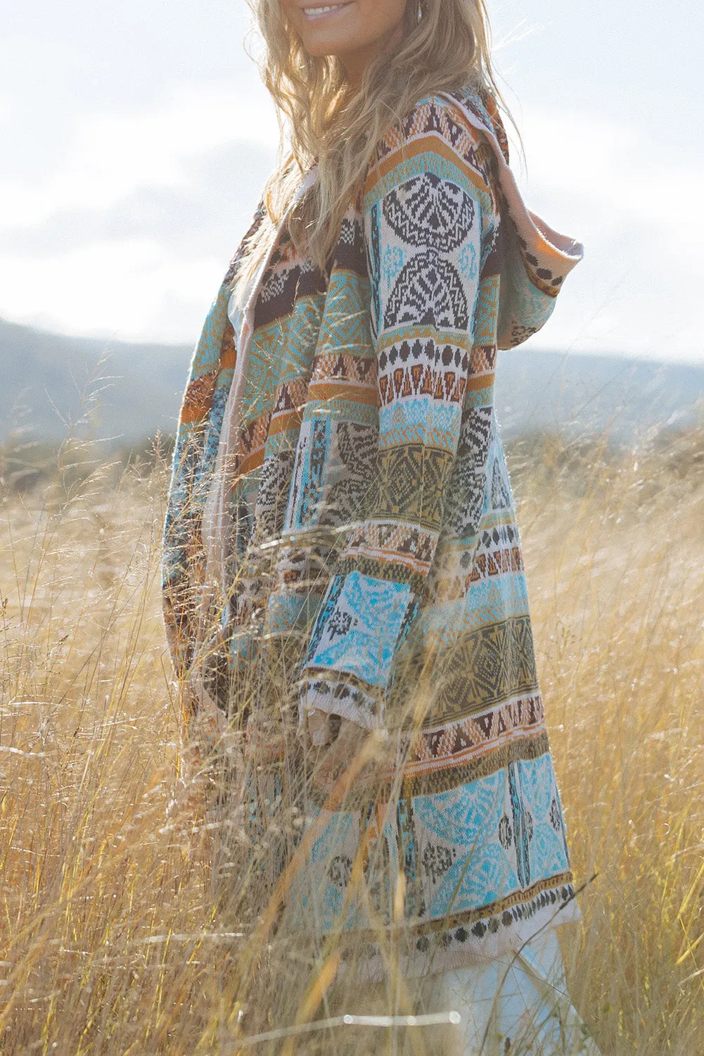 Sky Blue Ethnic Knitted Pom Pom Tie Hooded Cardigan